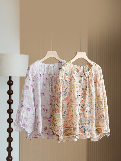 Women Summer Vintage Flower Button-Up Ramie Shirt RR1013