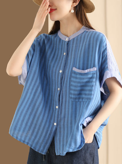 Women Summer Artsy Stripe Spliced Linen Shirt WE1039