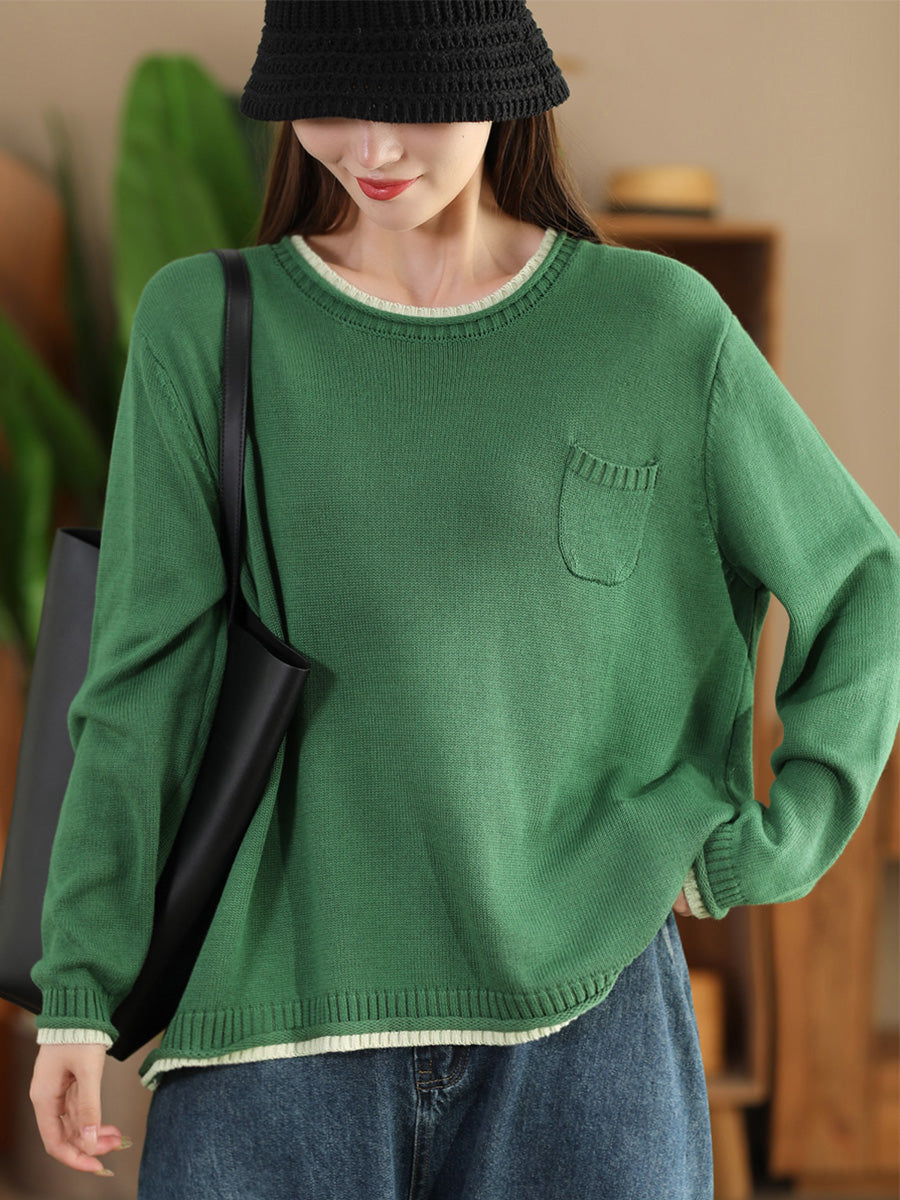 Women Autumn Casual Colorblock O-Neck Cotton Knit Blouse AI1068