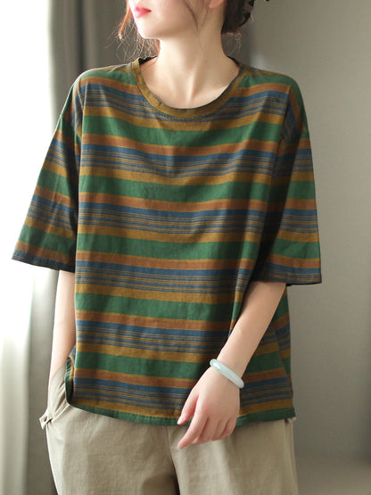 Women Casual Stripe Summer O-Neck Cotton Shirt XX1010