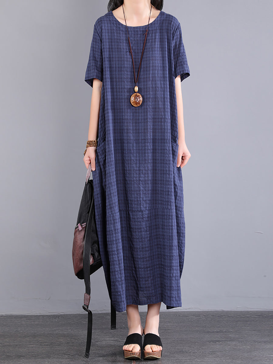 Plus Size Women Summer Artsy Plaid Loose Dress KL1026