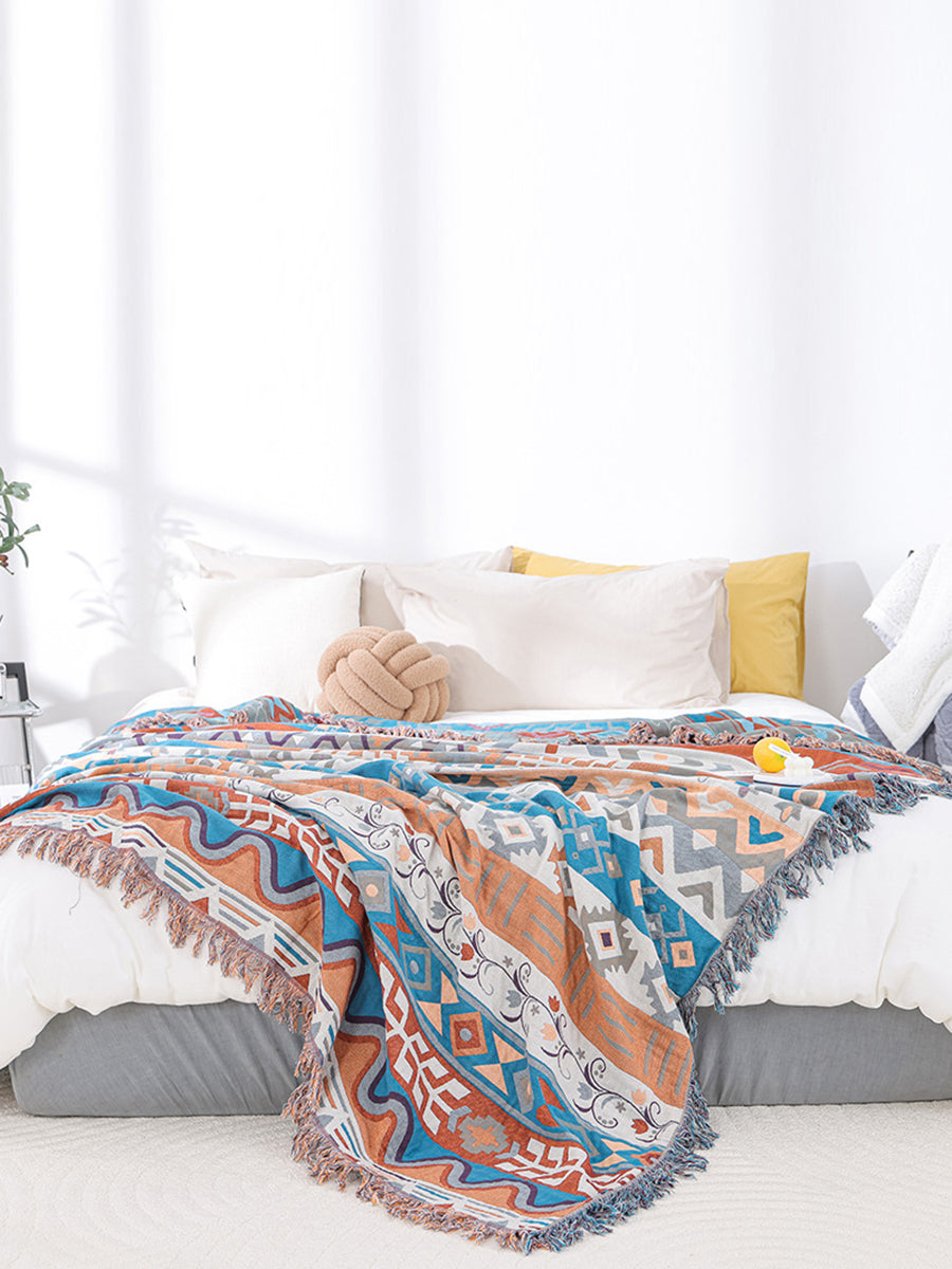 Cotton Summer Nap Ethnic Jacquard Tassel Spliced Blanket AS1033