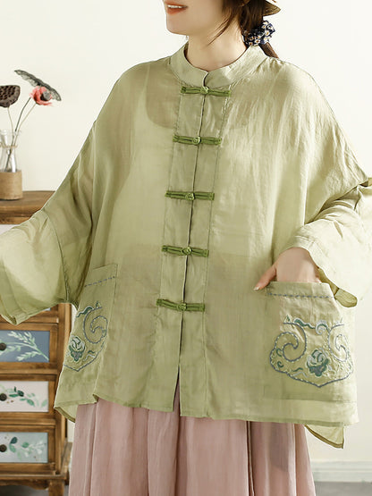 Women Summer Vintage Embroidery Ramie Shirt QW1045