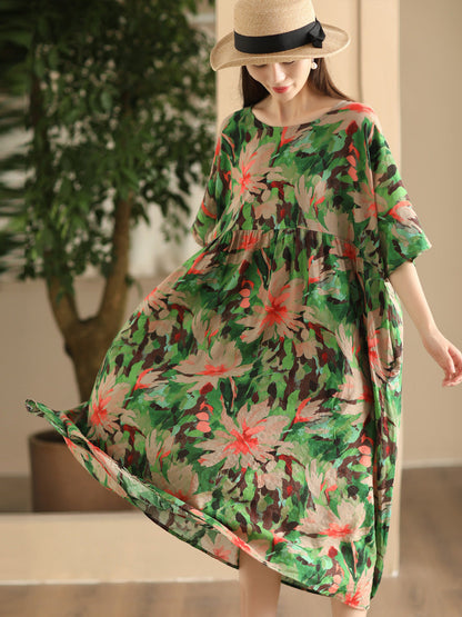 Women Summer Vintage Flower Linen Loose Dress FD043