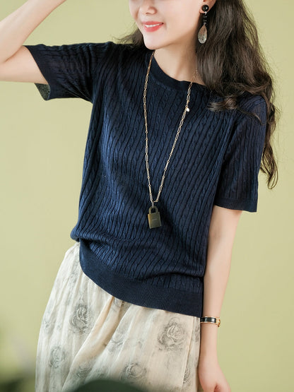 Women Summer Casual Knitted O-Neck Shirt CX035