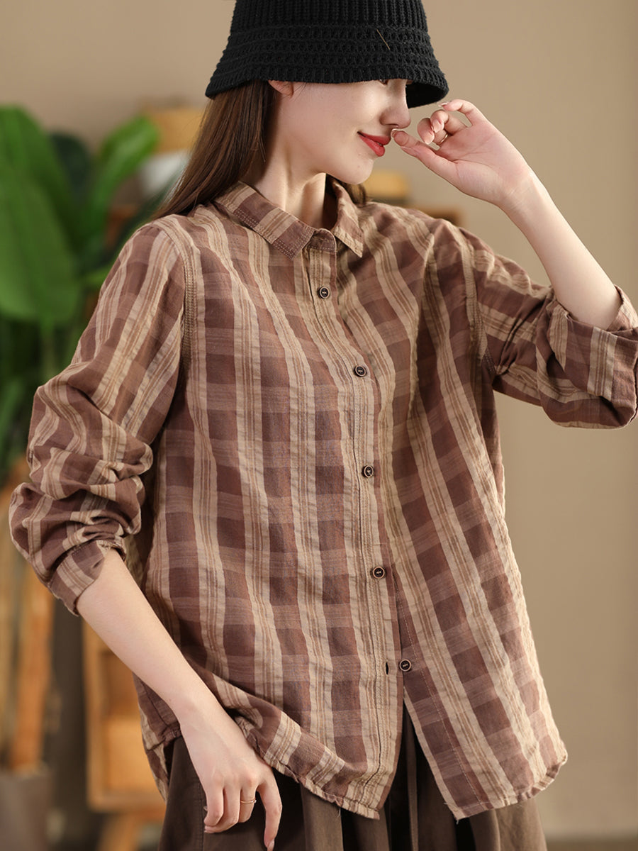 Damen Herbst Vintage Plaid Button-up Leinen Bluse AT1038 