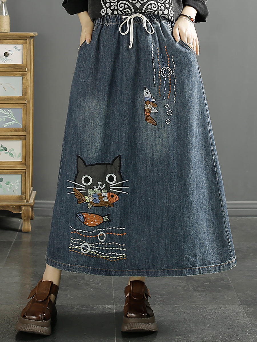 Frauen Sommer Casual Katze Fisch Stickerei Denim Rock KL1008 