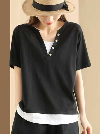 Women Casual Colorblock Pullover V-Neck Cotton Shirt AS1001