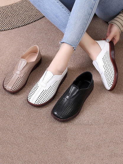 Women Summer Solid Casual Leather Cutout Flat Shoes HH048