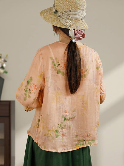 Women Summer Vintage Flower Buckle V-Neck Ramie Shirt HH014