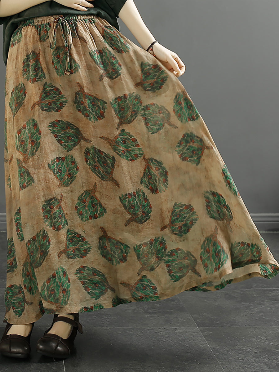 Women Vintage Leaf Flower Ramie Loose Skirt SC1042