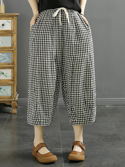 Plus Size Women Casual Summer Plaid Cotton Pants XX1032