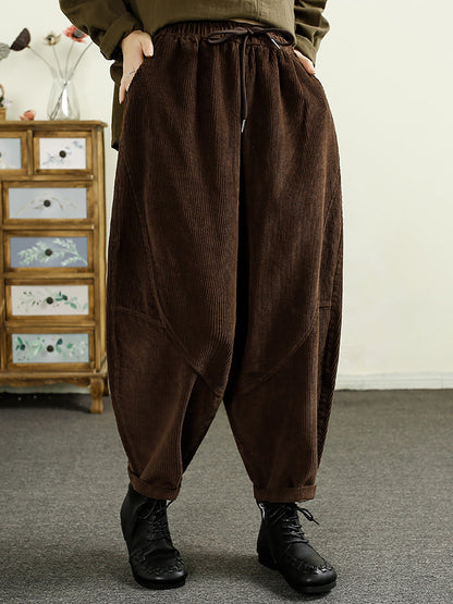 Women Autumn Solid Corduroy Spliced Cotton Harem Pants AI1047