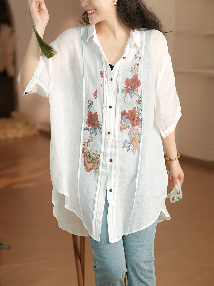 Chemise d'été en ramie à boutons et fronces pour femme, motif floral artistique LL041