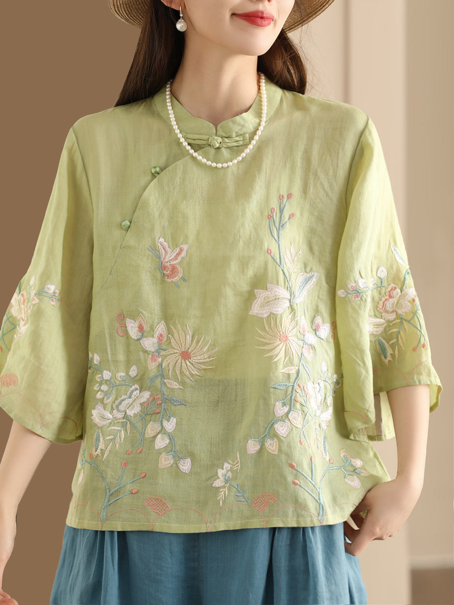 Women Vintage Floral Embroidery Ramie Stand Collar Shirt WE1038