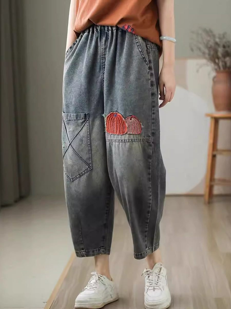 Damen Sommer Lässige Stickerei Denim Haremshose CV1047