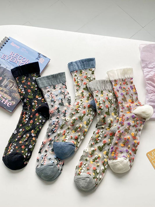 5 Pairs Women Summer Flower Jacquard Thin Socks FG1017