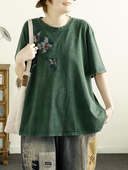 Women Summer Artsy Flower Embridery Cotton Shirt RR1012