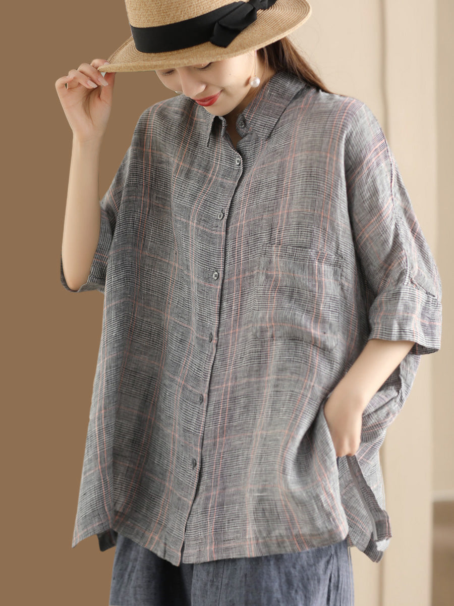 Women Retro Summer Plaid Linen Button-Up Blouse CO1006