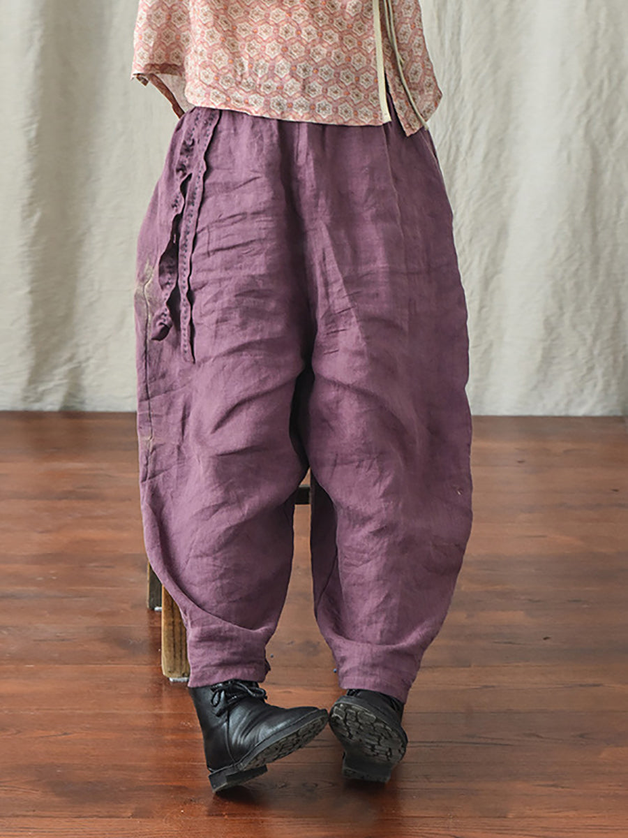 Women Casual Solid Drawstring Loose Linen Turnip Pants CX045