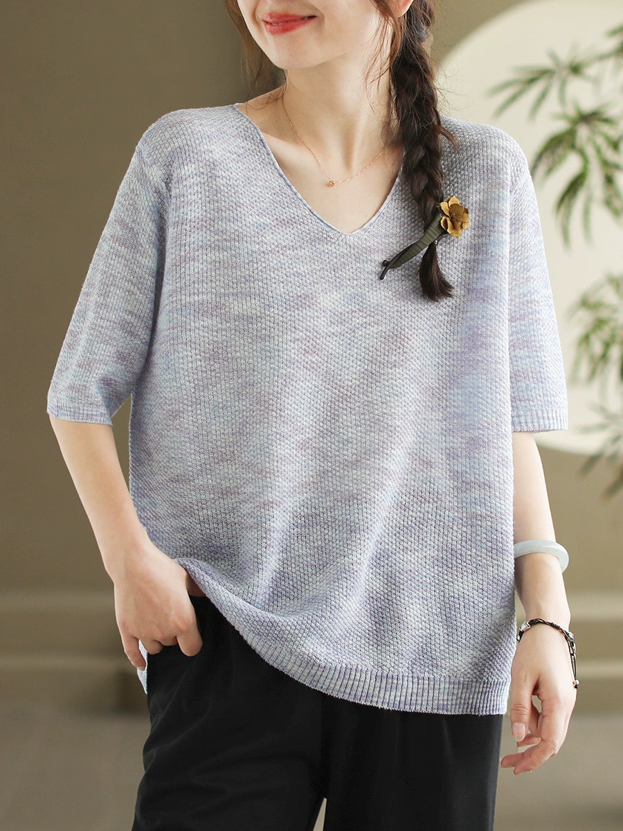 Women Summer Casual Knitted Linen V-Neck Shirt WE1029