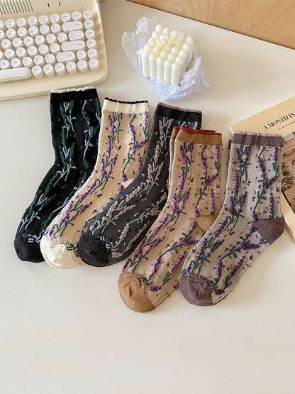 5 Pairs Women Flower Jacquard Colorblock Cotton Socks AH1024