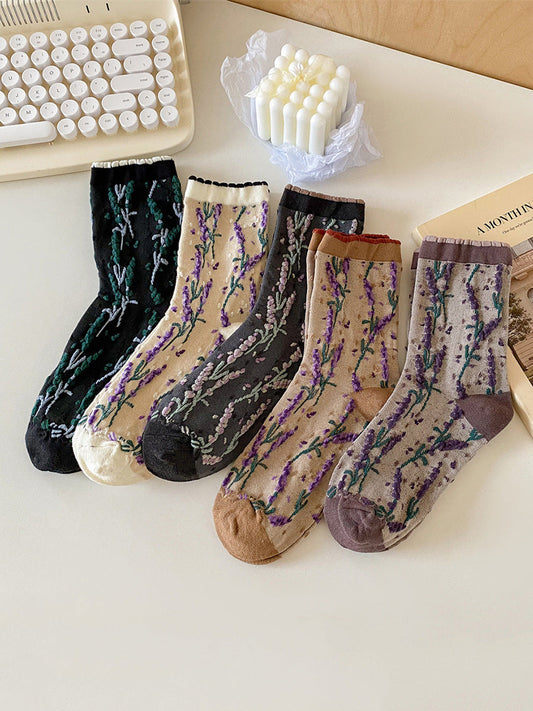 Lot de 5 paires de chaussettes en coton à imprimé floral et jacquard pour femme AH1024