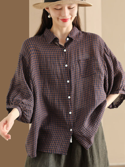 Women Summer Vintage Plaid Button-Up Linen Shirt PP1034