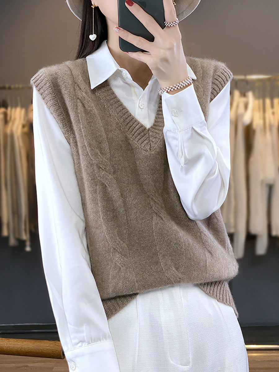 Women Casual Autumn Wool V-Neck Cable Knit Vest QN024