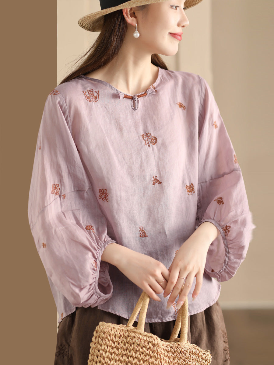 Chemise d'été en ramie avec broderie florale vintage pour femme AA1042