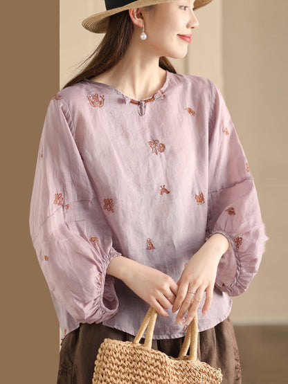 Women Summer Vintage Flower Embroidery Ramie Shirt AA1042