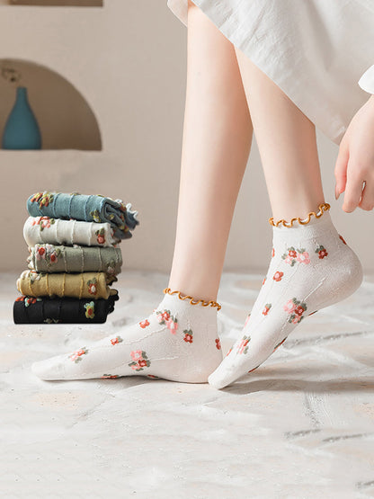 5 Pairs Women Summer Artsy Flower Jacquard Socks OO1032