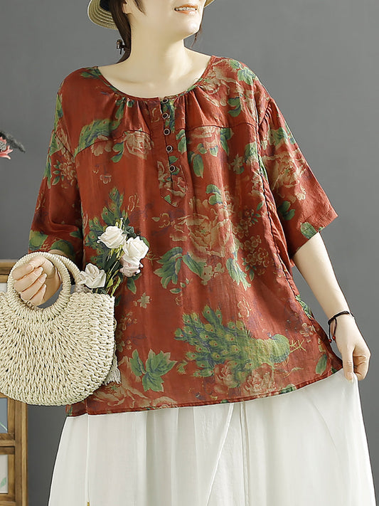 Women Vintage Floral Summer 100%Ramie Loose Shirt XX1051