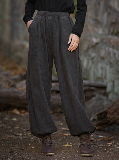 Women Vintage Autumn Solid Loose Ramie Cuffed Pants AT1013