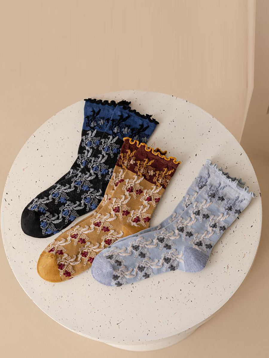 3 Pairs Women Autumn Flower Jacquard Colorblock Socks AH1023