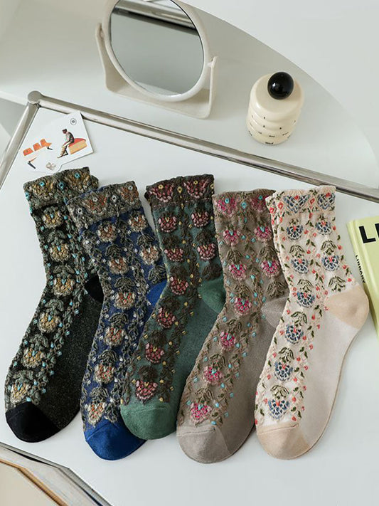 Lot de 5 paires de chaussettes en jacquard à fleurs artistiques pour femmes AX1028