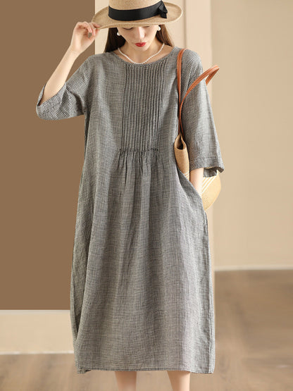 Women Summer Vintage Lattice Shirred O-Neck Ramie Dress OP1051