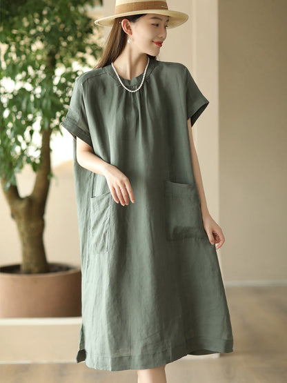 Women Summer Casual Solid Pocket O-Neck Linen Dress FD051