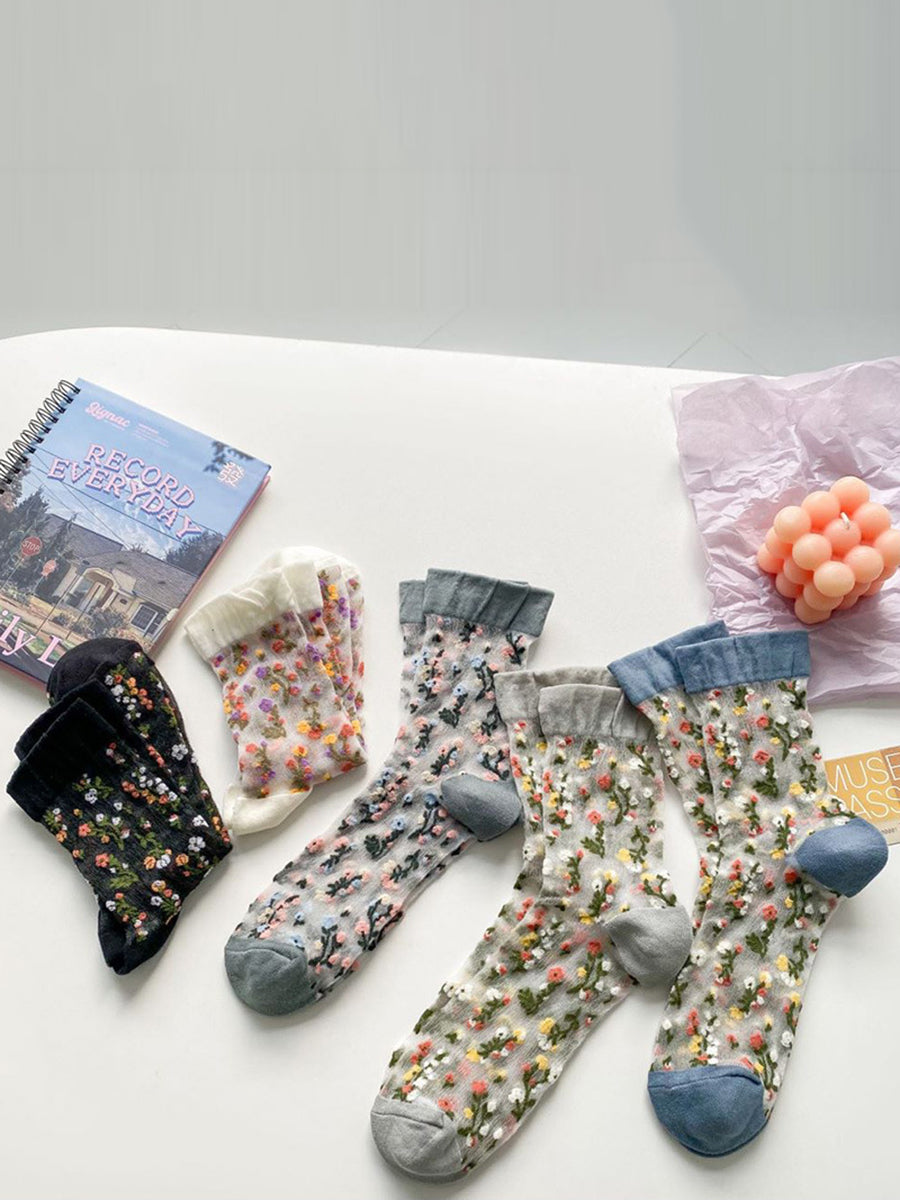 Lot de 5 paires de chaussettes fines en jacquard fleuri pour femme FG1017