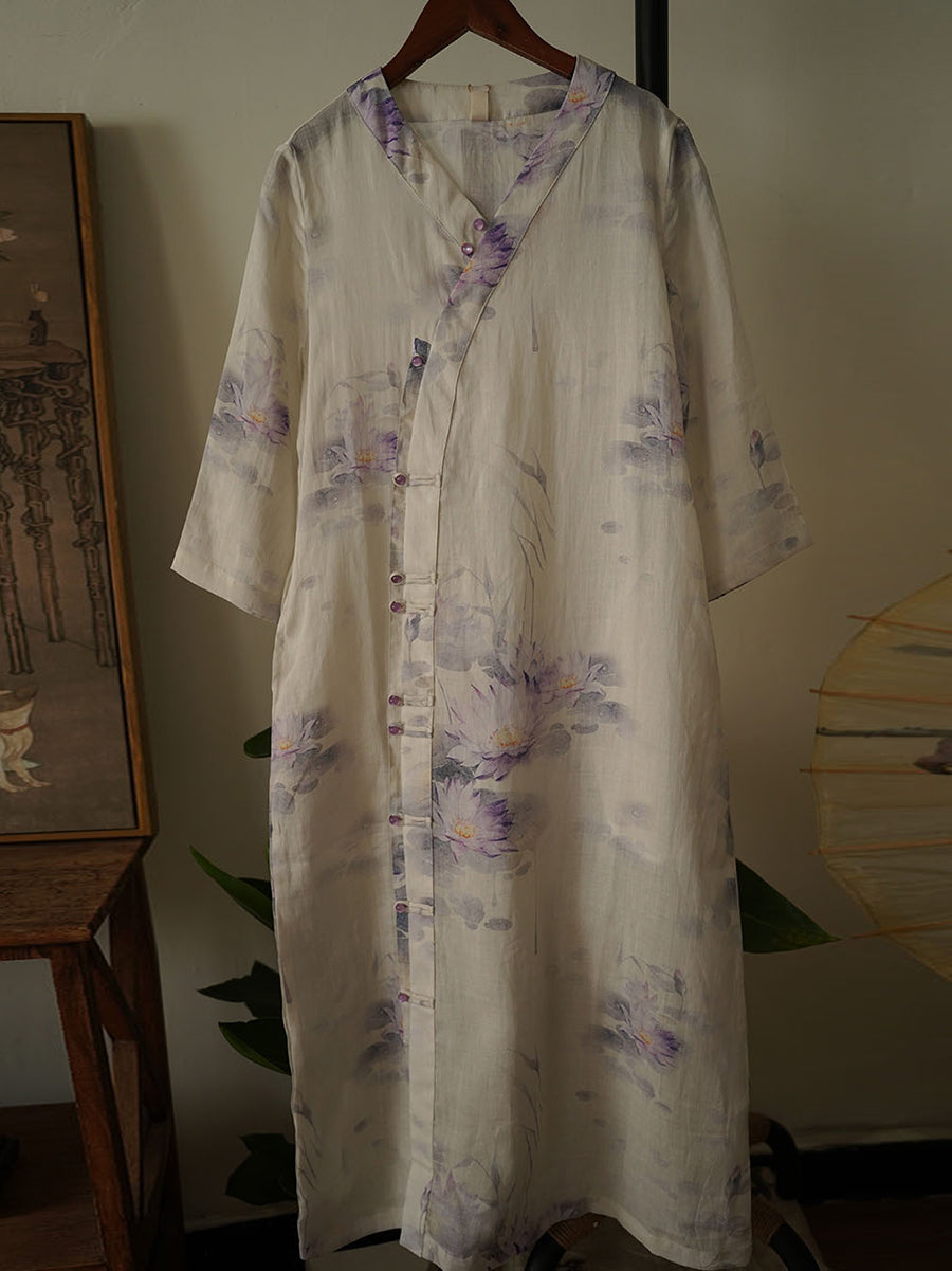 Robe en ramie à col en V et boutons à fleurs ethniques pour femmes OO1002