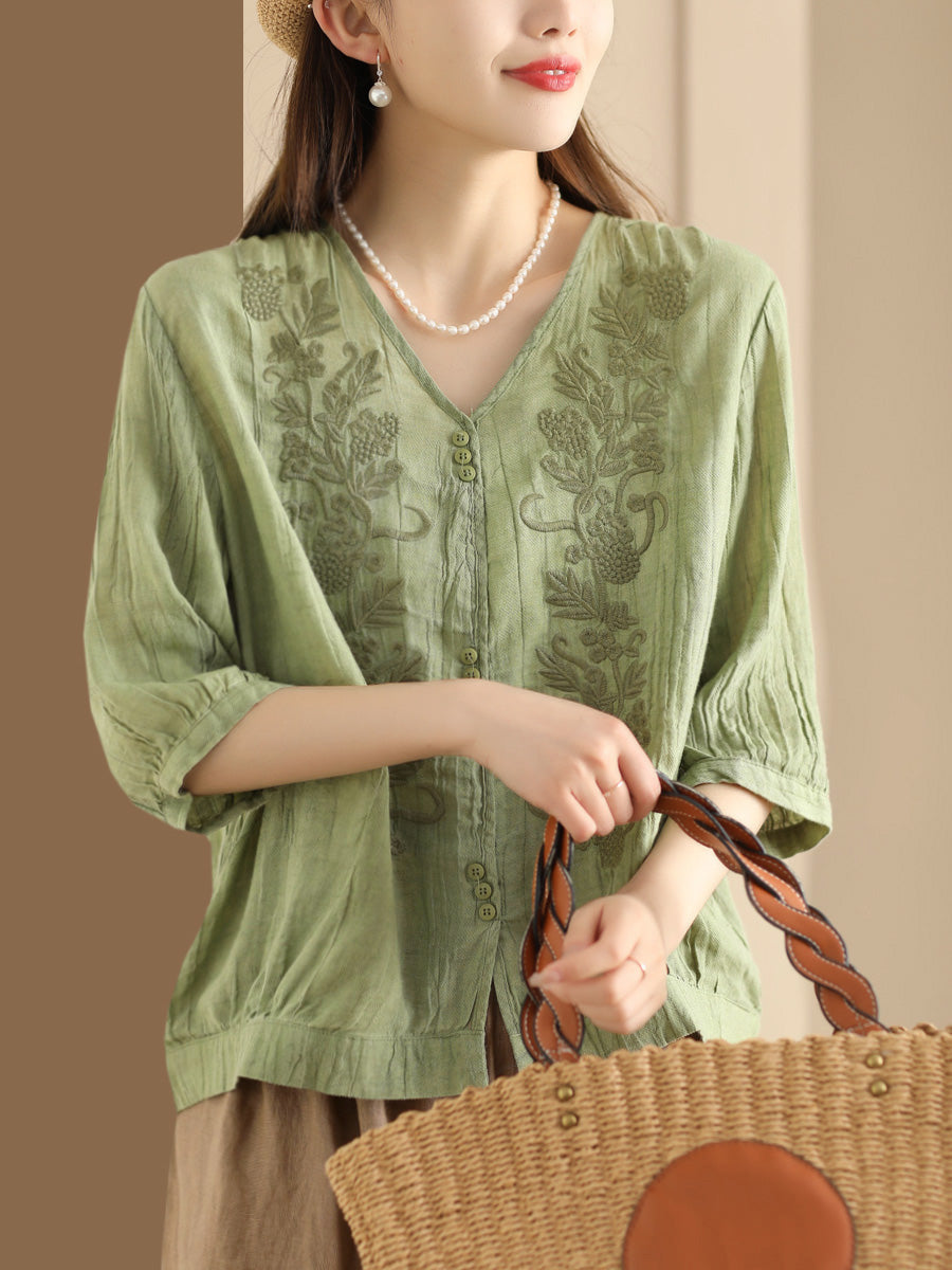 Women Vintage Summer Embroidery V-Neck Ramie Shirt PA1003