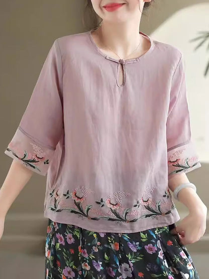 Women Summer Vintage Floral Embroidery Ramie Shirt AS1045