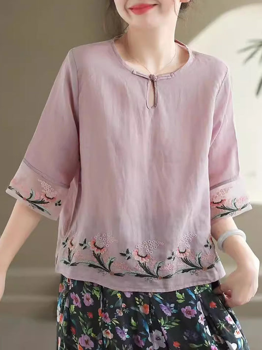 Chemise d'été en ramie à broderies florales vintage pour femmes AS1045