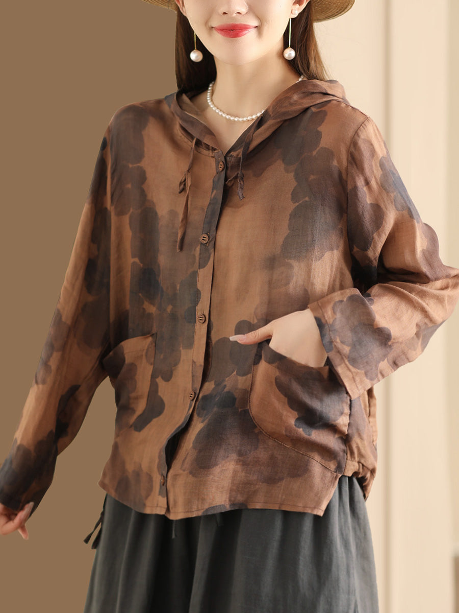 Women Spring Artsy Flower Button-Up Hooded Shirt CO1004
