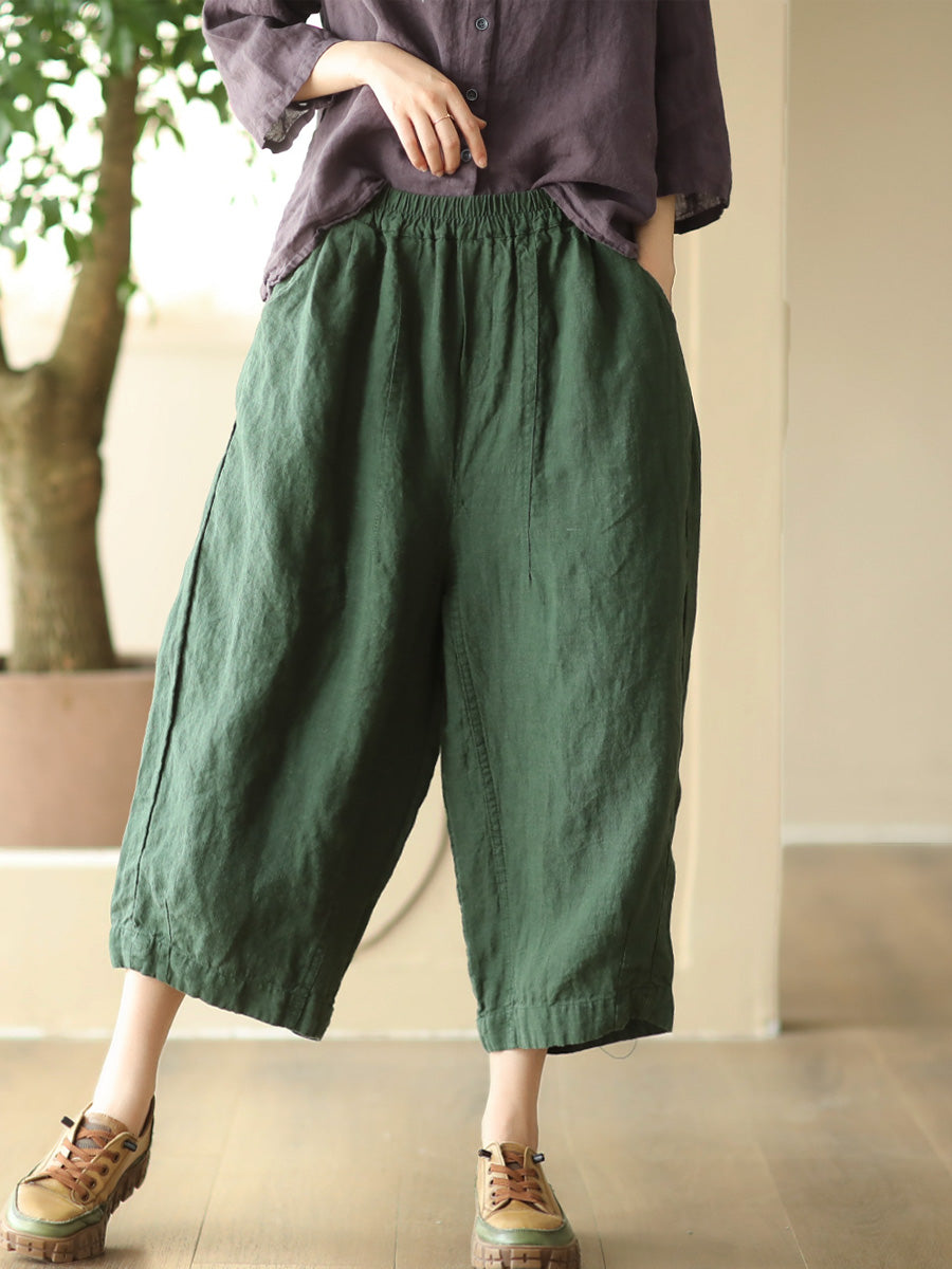 Women Summer Retro Solid Linen Loose Harem Pants FD009