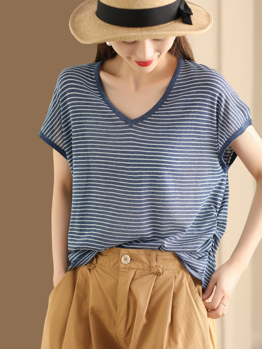 Women Summer Casual Stripe V-Neck Shirt AA1013