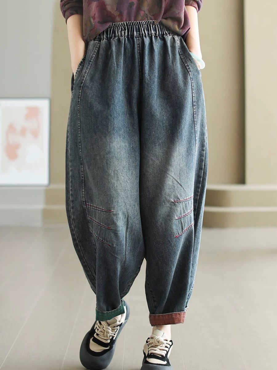 Women Autumn Artsy Spliced Denim Harem  AH1038