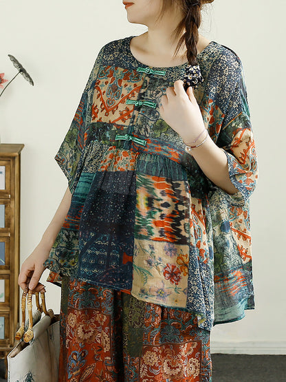 Women Summer Ethnic Flower Buckle O-Neck Ramie Shirt CX055