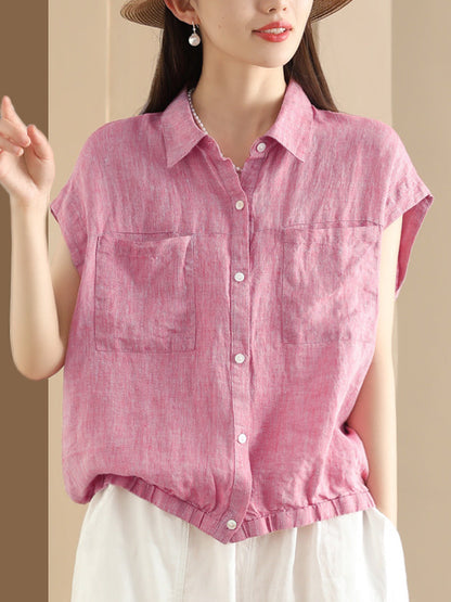 Women Summer Casual Plaid Button-up Linen Shirt HH013