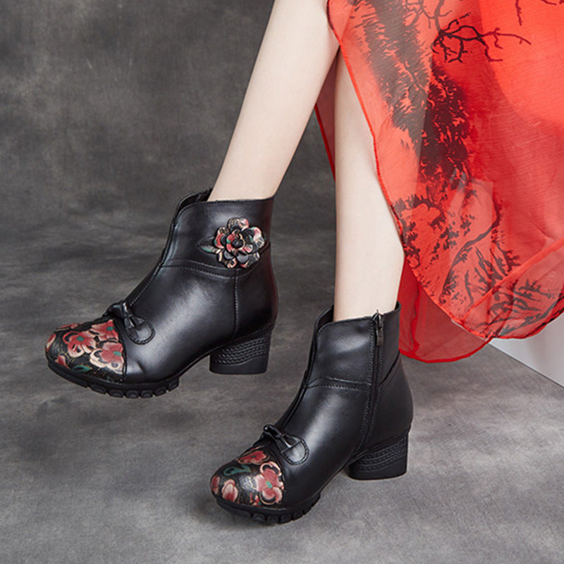 Women Ethnic Autumn Flower Spliced Leather Mid-Heel Boots AI1019